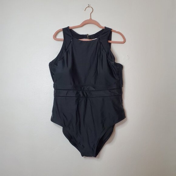 WOMEN’S HIGH NECK MEDIUM COVERAGE ONE PIECE SWIMSUIT SHADE & SHORE BLACK 20 - Picture 3 of 13